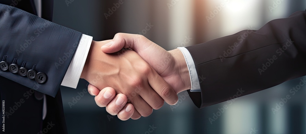 Successful businesspeople in formal attire, elegantly standing in an office, engage in a powerful handshake. Successful businesspeople in formal attire, elegantly standing in an office, engage in a powerful handshake.
