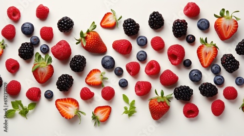 Fresh berries and raspberries on white background. Generative AI.