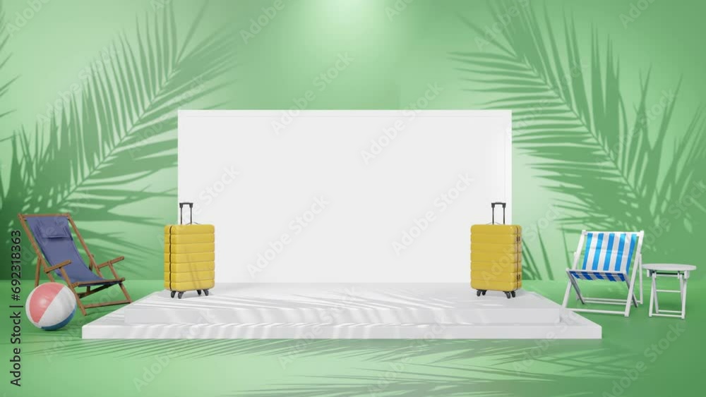 3d rendering animation of product empty copy space with light set up and travel concept with laptop and suitcase on tropical palm beach green background
