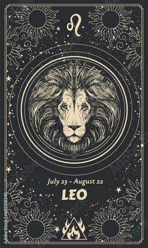 Zodiac sign Leo, vertical card for calendar, astrology print, modern mystical hand drawing on black background, vintage horoscope symbol. Vector esoteric illustration.