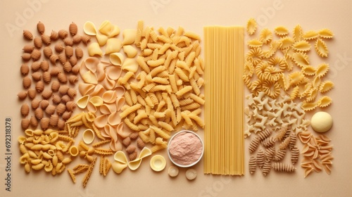 Various types of pasta on a light background. Generative AI.