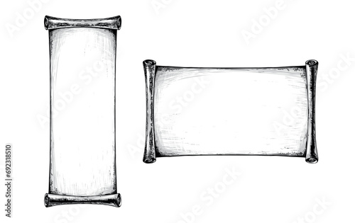 Set of unfolded rolls with space for text, papyrus scroll, ancient parchment. Vector illustration for diploma, vintage hand drawing isolated on white background.