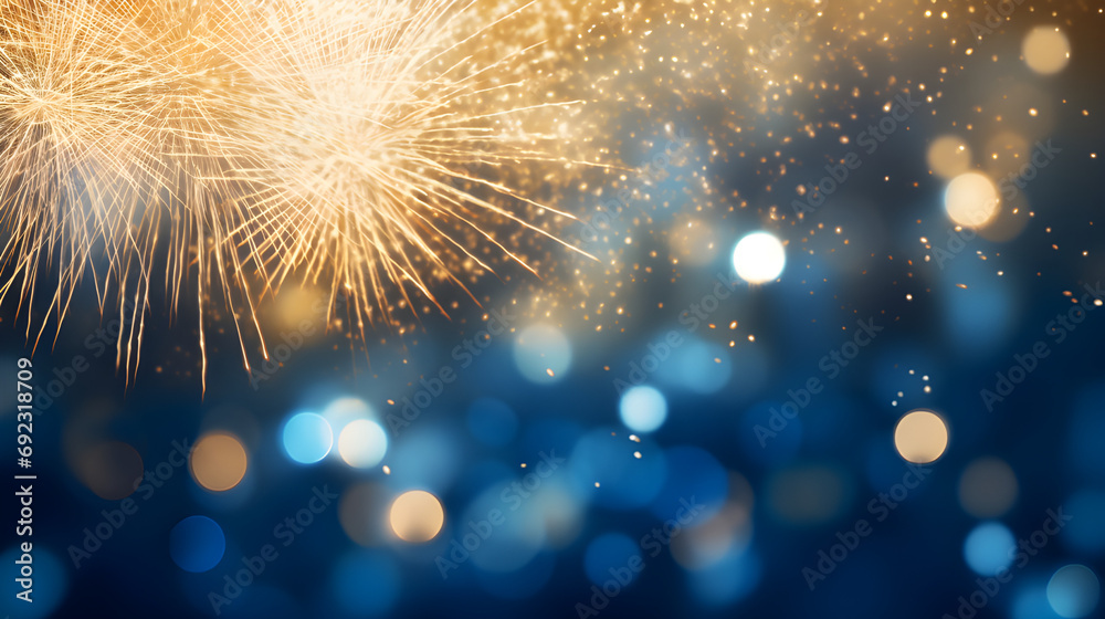 Gold and blue Fireworks and bokeh in New Year eve and copy space. Abstract background holiday, Generative AI illustration