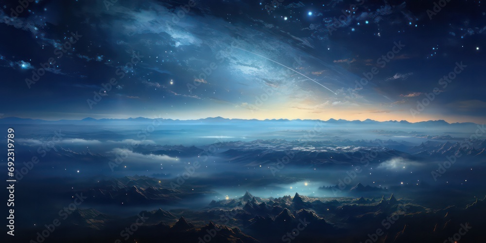 The Earth shines in radiant blue against the horizon, adorned with a backdrop of stars