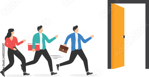 Great resignation, employee resign, quit or leaving company, people management or human resources problem concept, business people employee resign and walk through exit door.

