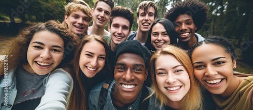 Group of diverse college students taking a joyful outdoor selfie.