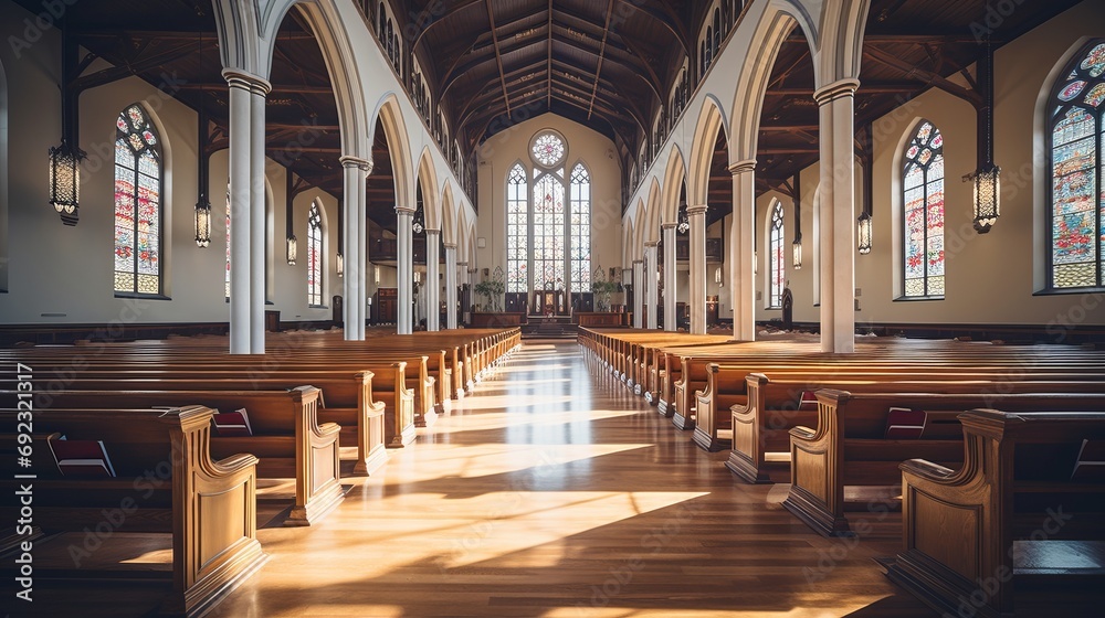 A shot of a church's interior with people sitting on wooden benches.