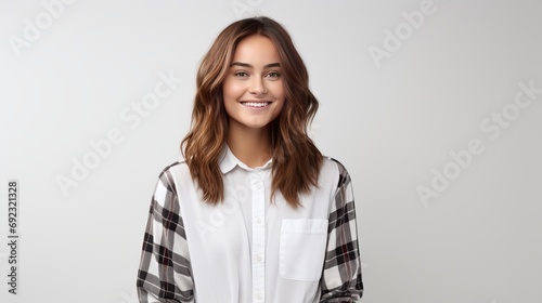 A young caucasian girl wearing a checked casual shirt, with crossed arms and chest, is demiling and pleased as she stands on a white background, showcasing the concept of lifestyle,