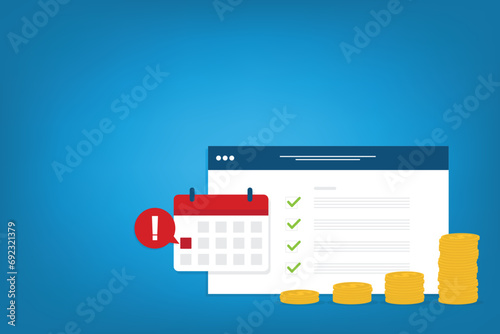 Money payment date schedule or agenda in calendar. Tasks list and cash schedule alert notification, idea of tax or credit loan pay time, budget or financial plan. Vector illustration