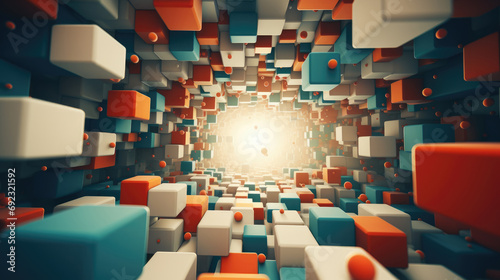 abstract 3D background with colored cubes of random sizes in one point perspective