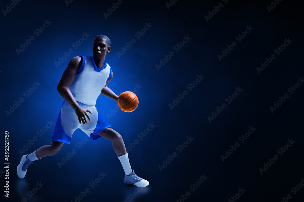 3d illustration young professional basketball player running dribbling on dark blue background