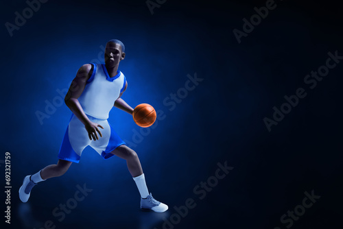 3d illustration young professional basketball player running dribbling on dark blue background