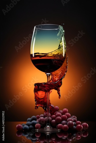Red wine glass splash and red grapes with center gradient spotlight background
