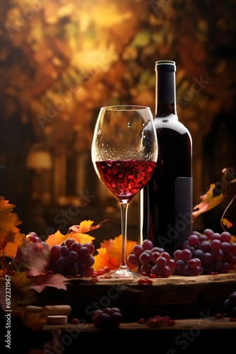 Red wine glass with wine bottle and grapes on bokeh background
