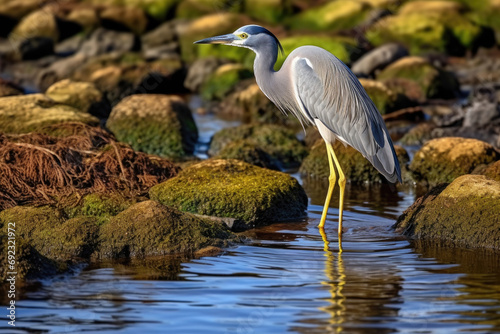 A heron searches for food amid the calm waters of a pond