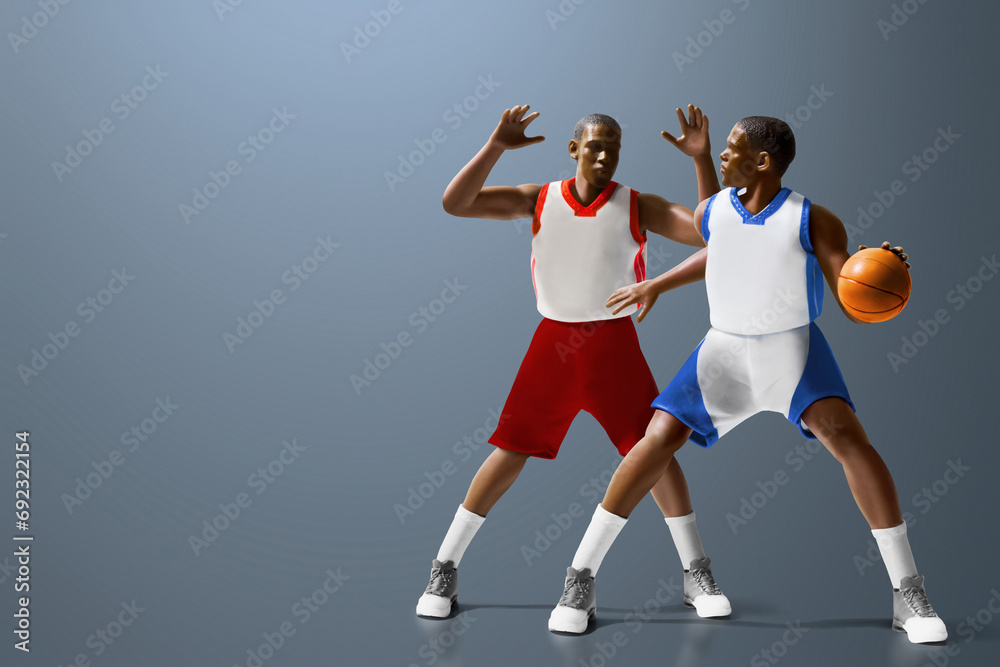 3d illustration two team of young professional basketball player running dribblling isolated on grey background