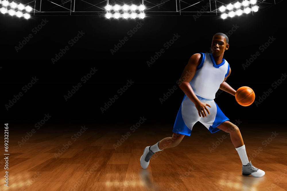 3d illustration young professional basketball player running dribbling in sport arena