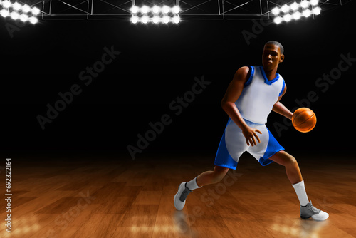 3d illustration young professional basketball player running dribbling in sport arena