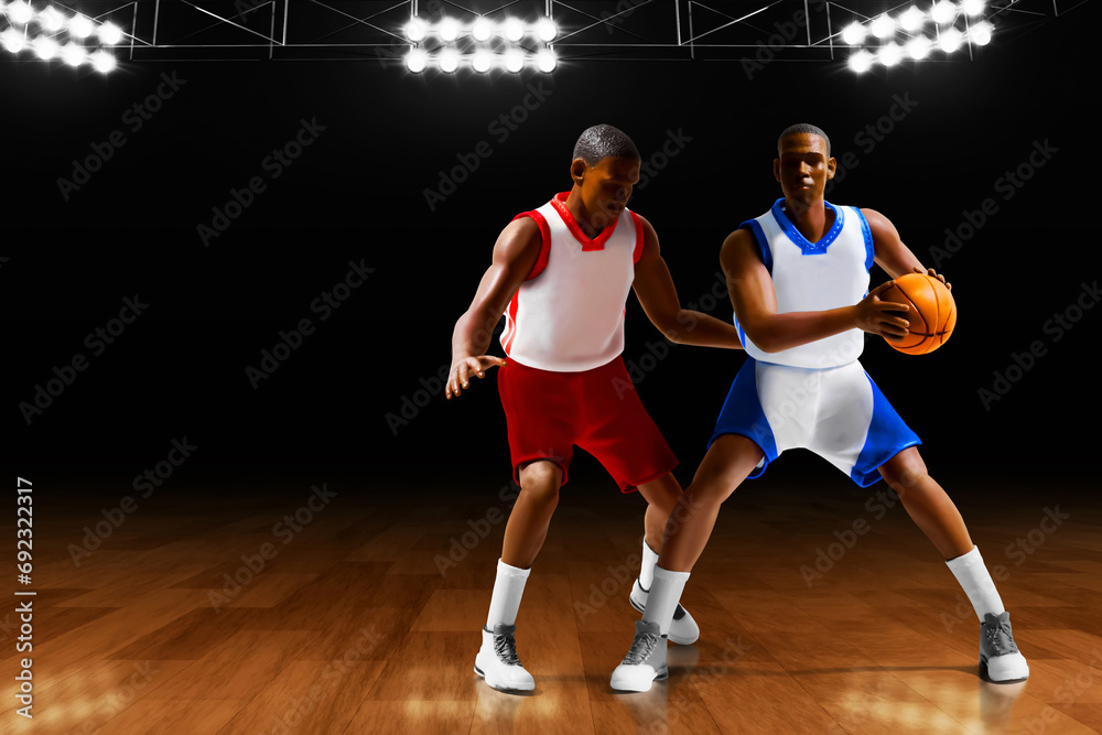 3d illustration two team of young professional basketball player running dribblling in sport arena