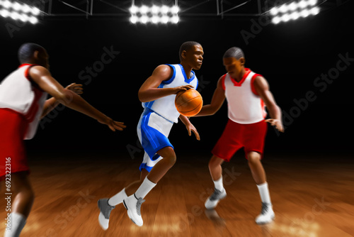 3d illustration two team of young professional basketball player running dribblling in sport arena