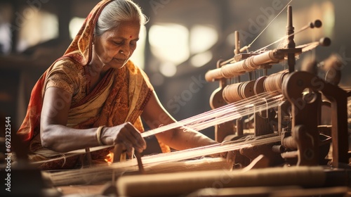 Mature woman weaver uses a loom to make a hand woven maheshwari sari photo