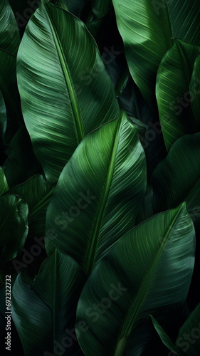 Foliage of tropical leaf with dark green texture design background