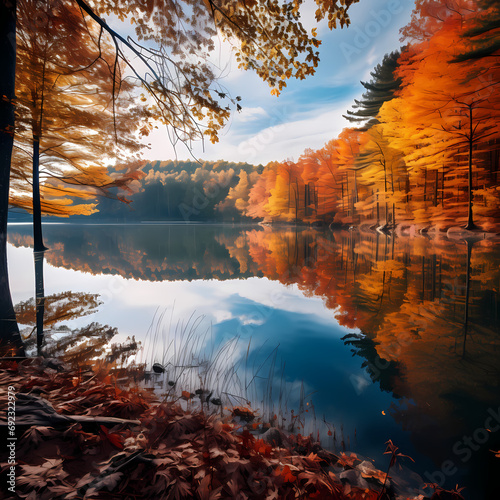 A tranquil lake surrounded by trees adorned with autumn colors © Cao
