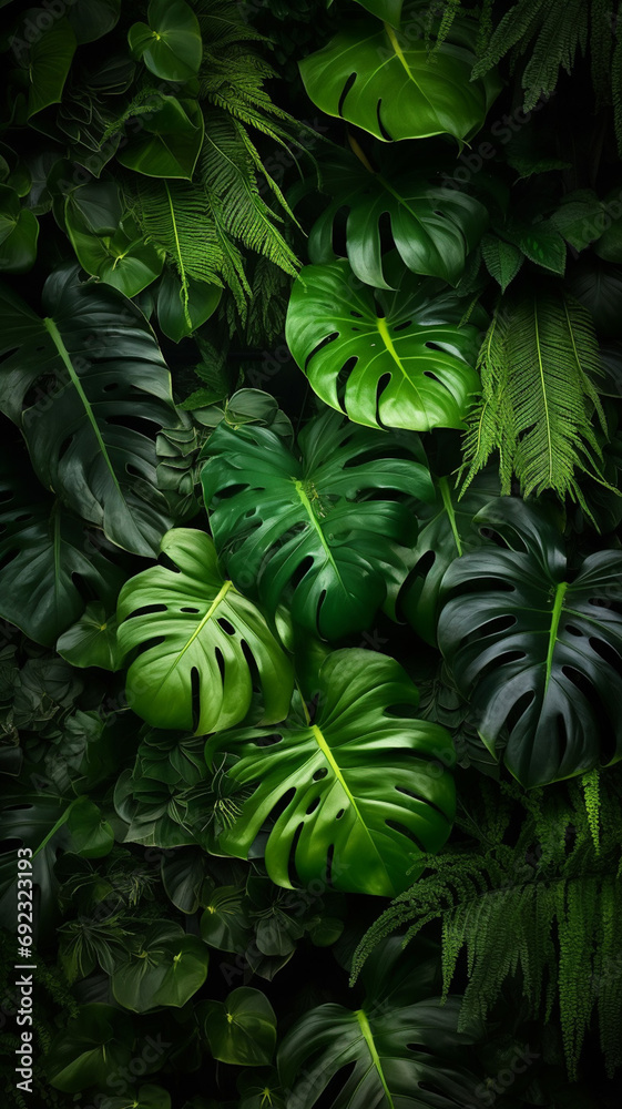 Green tropical leaves of Monstera fern and palm decoration Green tropical leaves of Monstera fern and palm decoration