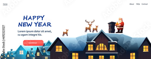 santa claus in red costume with reindeer standing together on house roof christmas eve holiday happy new year celebration template
