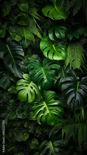 Green tropical leaves of Monstera fern and palm decoration
