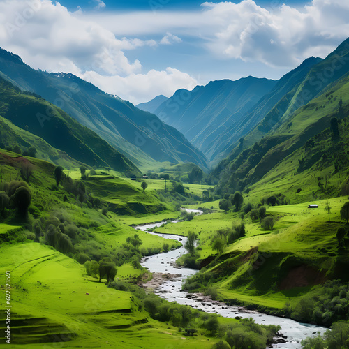 Tranquil river winding through a vibrant green valley