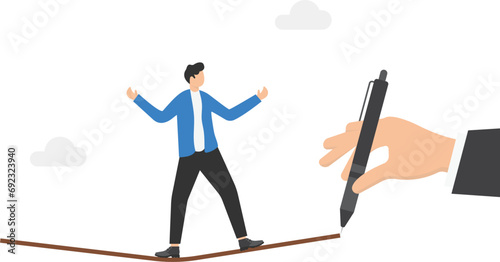 Risk challenge in business concept. Businessman walking on balancing tightrope as it is being drawn. Conquering adversity problems solution. Vector illustration.

