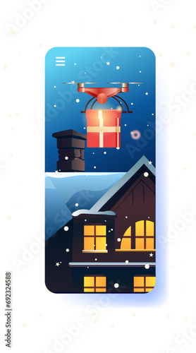 delivery drone carrying gift present box on snowy house roof merry christmas happy new year winter holidays airmail concept