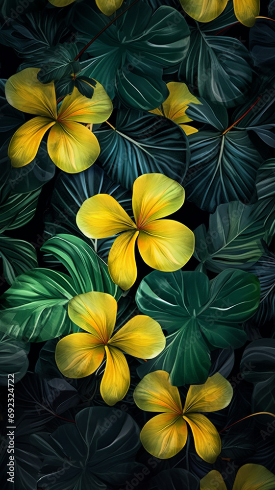tropical leaves colorful flower on dark tropical decor