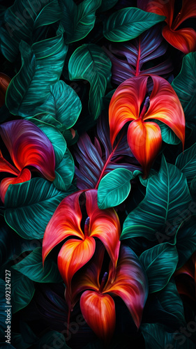 tropical leaves colorful flower on dark tropical print