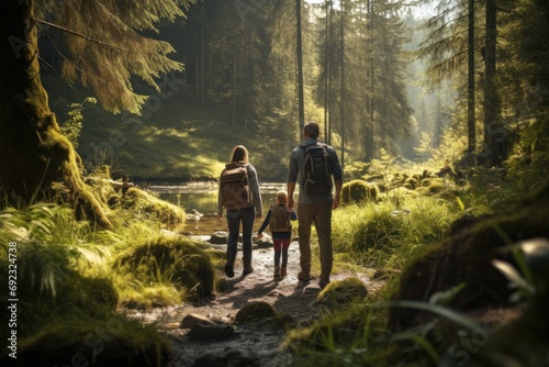 Family of different ages hiking together in a sunlit forest, enjoying nature in the summer