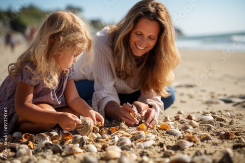 Family of different ethnicities enjoying a day of beachcombing and collecting seashells, summer seaside exploration
