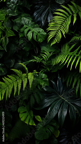 Tropical rainforest foliage plants bushes ferns palm design