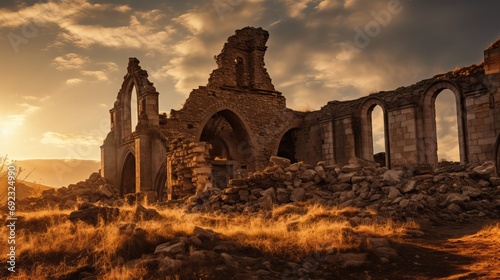 A church that was once abandoned and destroyed is now lit up by the setting sun.