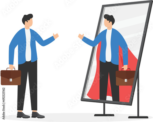 Businessman looking at his strong ideal self superhero reflection mirror. Self confidence, positive attitude to success, determination to achieve goals. Vector illustration.

