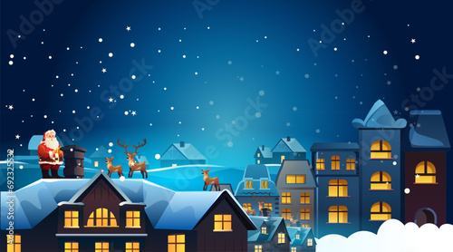 santa claus in red costume with reindeer standing together on house roof christmas eve holiday happy new year celebration template