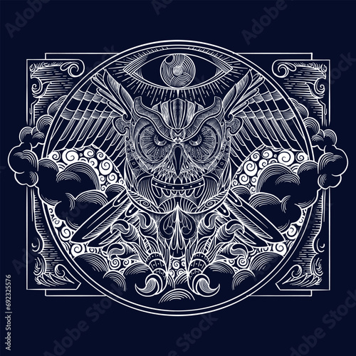 owl illustration with hand drawn line ornaments and symbols