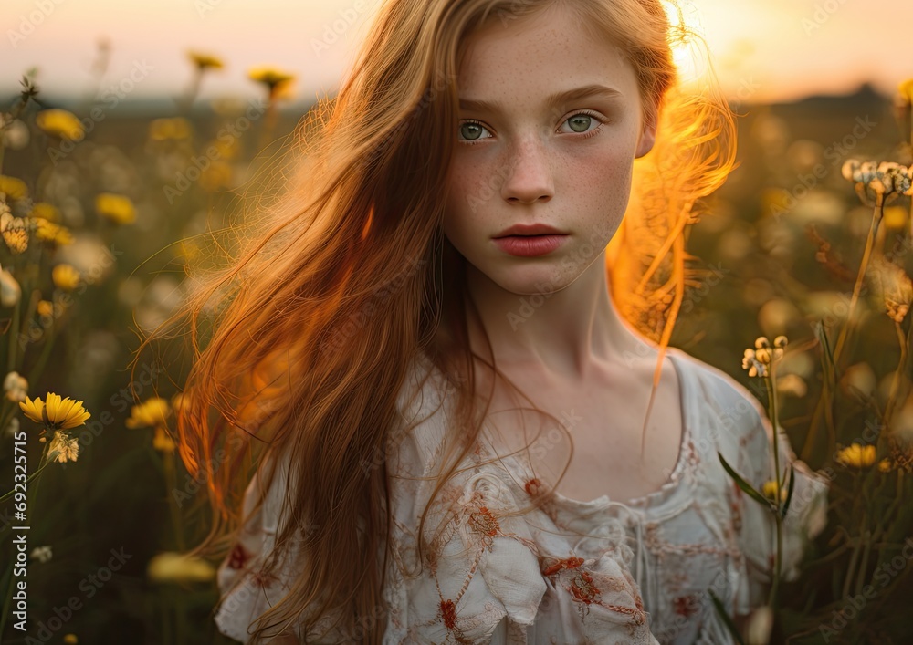 A portrait of a freckled girl standing in a field of wildflowers during golden hour. The warm, soft A portrait of a freckled girl standing in a field of wildflowers during golden hour. The warm, soft