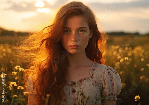 A portrait of a freckled girl standing in a field of wildflowers during golden hour. The warm, soft © Sascha