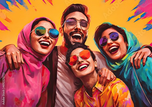 A pop art-inspired photograph of a group of friends taking a selfie during Eid Mubarak