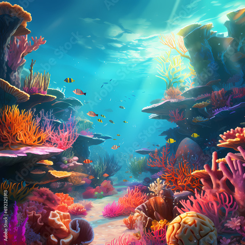 Underwater scene with schools of exotic fish and vibrant coral reefs