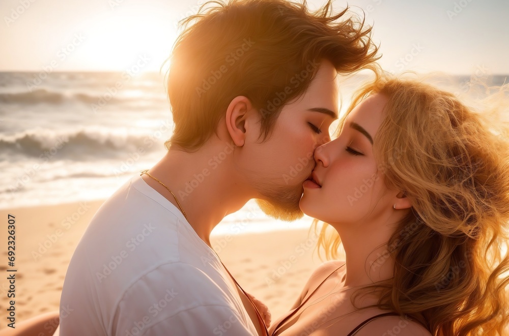 Romantic beach kiss: A couple shares a passionate embrace on a sun-kissed shore, with the ocean waves gently lapping in the background.Created with generative AI Romantic beach kiss: A couple shares a passionate embrace on a sun-kissed shore, with the ocean waves gently lapping in the background.Created with generative AI