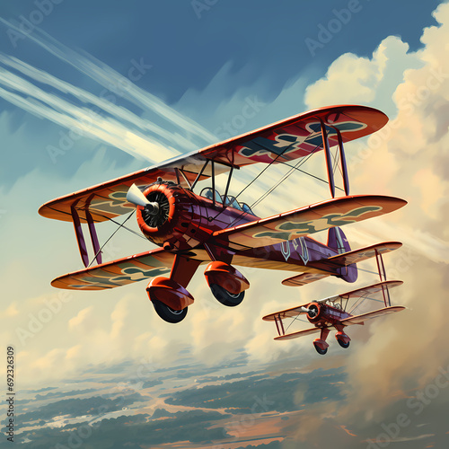 Vintage biplanes performing aerobatic stunts in a clear blue sky