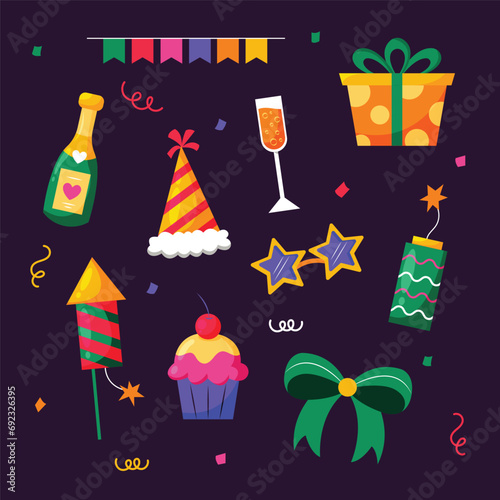 Happy New Year Elements Vector Illustration Confetti, Fireworks, decorative hanging flags, Date 1 January, Gift Box, Cake, Glasses Cute Party Asset Doodle