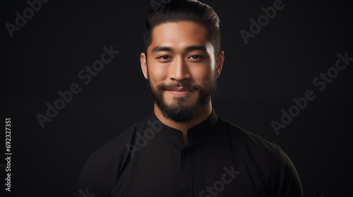 Happy young asian man with beard and stylish hairstyle. Positive expression studio portrait. AI generated.